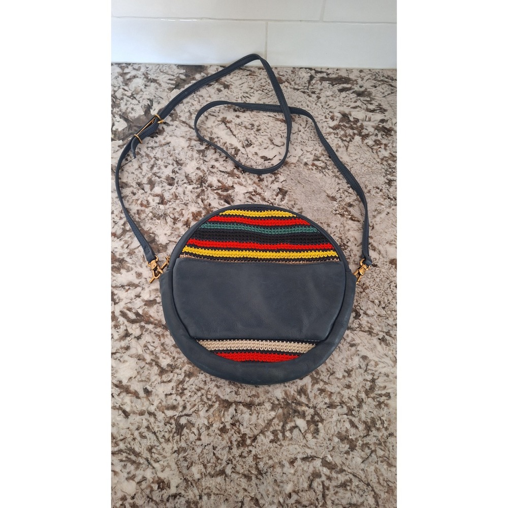 The Sak Collective Navy Blue Leather Round Crossbody Bag Crochet Trim‎
